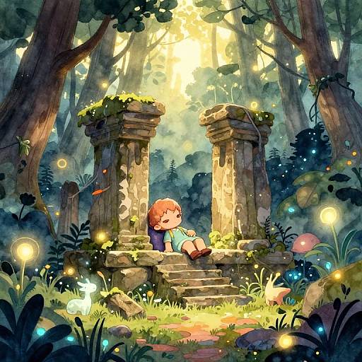 Digital illustration of a young child with orange hair, sitting between ancient, moss-covered stone pillars in a magical, sunlit forest, surrounded by glowing fire
