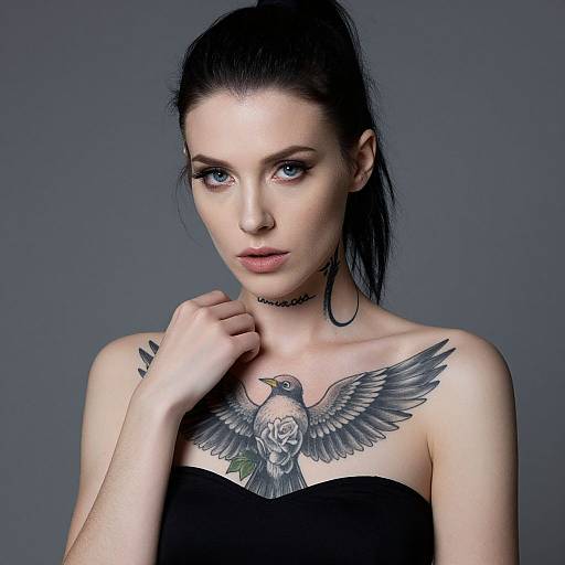 Photograph of a pale-skinned, black-haired woman with blue eyes, wearing a black strapless top, choker necklace, and large hoop earrings