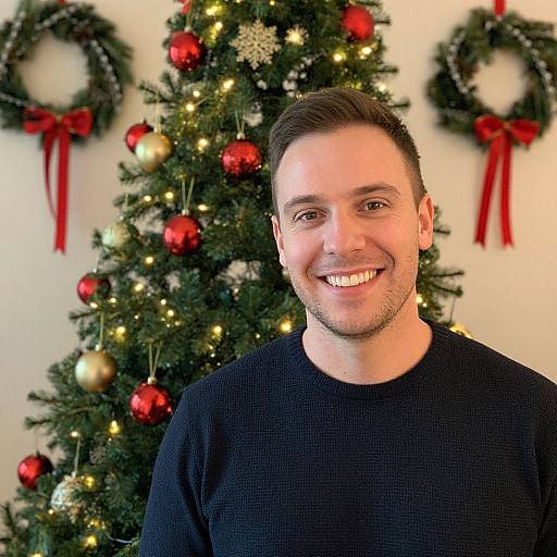Photograph of a smiling man with short brown hair in a black sweater, standing in front of a decorated Christmas tree and wreaths.