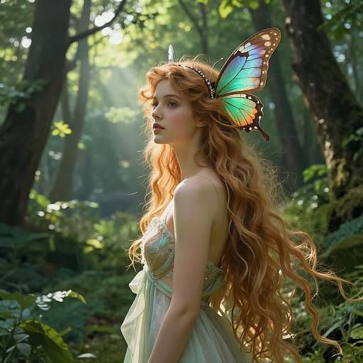 Photorealistic digital art of a fair-skinned, red-haired fairy with long wavy hair, wearing a green dress, and large blue-green butterfly