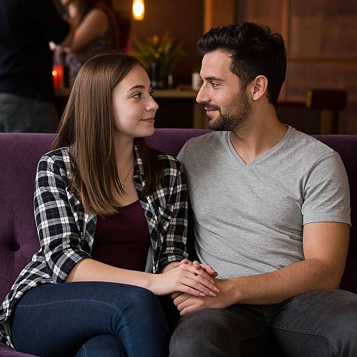 Photograph of a smiling couple sitting on a purple couch, woman in black plaid shirt and jeans, man in gray V-neck, holding hands in