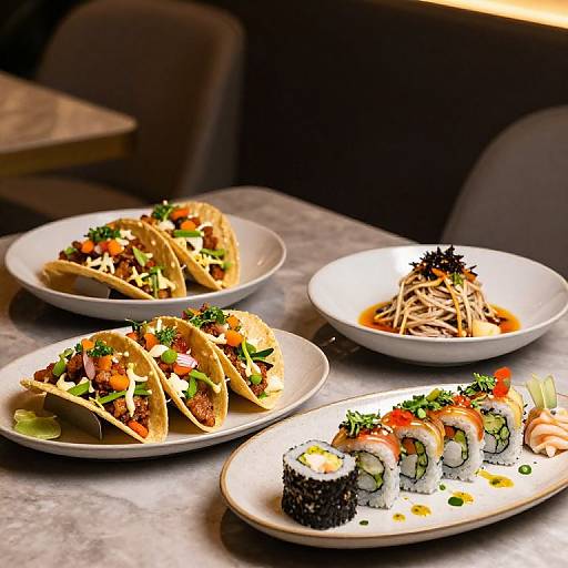 Photograph of a restaurant table with four white plates: two with shrimp tacos, one with noodles, and one with sushi and sashimi. Bright