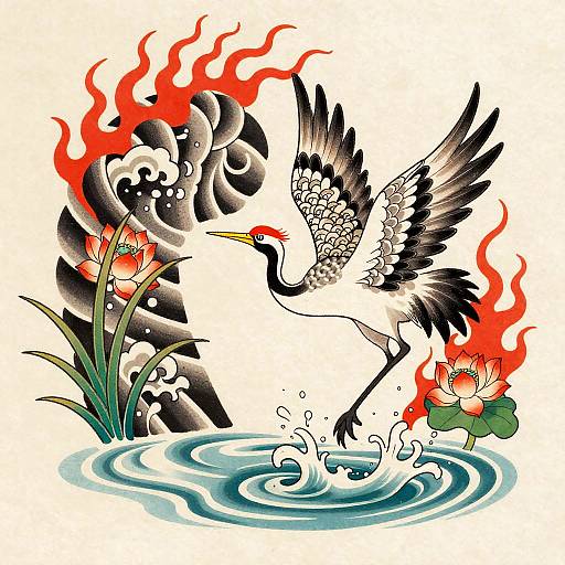Anime Irezumi Tancho Crane Tattoo Flash