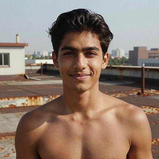 Photograph of a young, shirtless Indian man with dark hair and medium skin tone, standing on a rooftop with rusted metal and urban buildings in