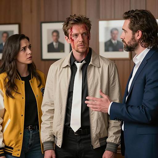 Suspenseful Indoor Scene with Three Individuals