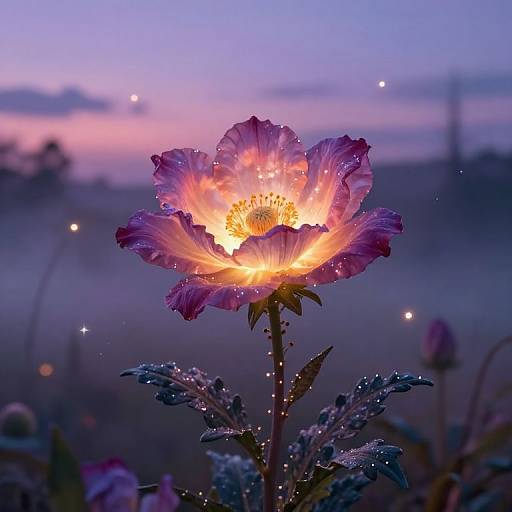 Photograph of a glowing, purple-pink flower with dew-covered petals, illuminated by an internal light, against a twilight sky with soft, blurred stars