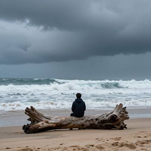 Photograph of a person in a dark jacket sitting on a large, weathered driftwood log on a sandy beach, facing turbulent ocean waves under a