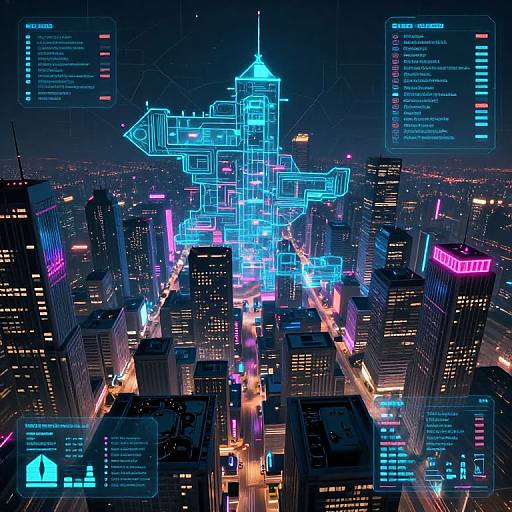 Neon-lit, futuristic cityscape photograph of skyscrapers with glowing blue and pink lights, digital overlays displaying data, and a central tower in