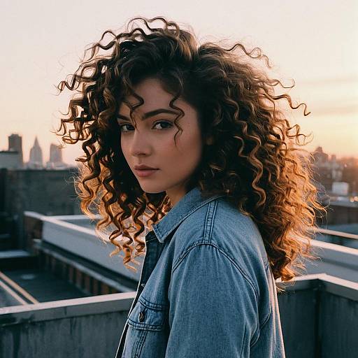 Curly Blowout Hairstyle on Woman at Rooftop