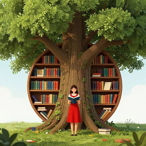 Digital illustration of a young woman with black hair, wearing a red dress and white blouse, standing in front of a large tree with a circular bookshelf