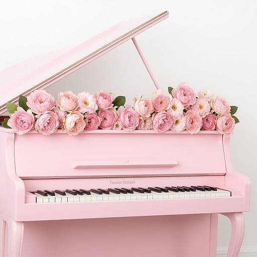 Pink grand piano adorned with a garland of pink and white roses, lid open slightly, against a white background. Photograph.