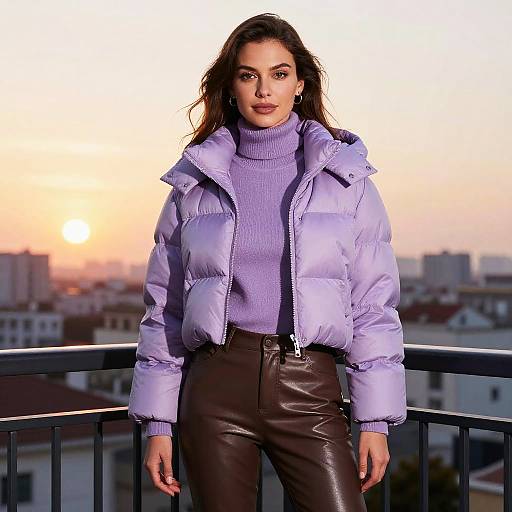 Winter Chic Woman at Sunset Balcony