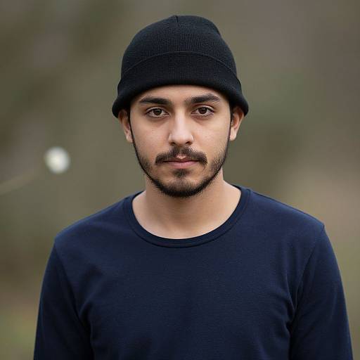 Photograph of a young South Asian man with a black beanie, dark mustache, and beard, wearing a navy blue shirt, standing outdoors with