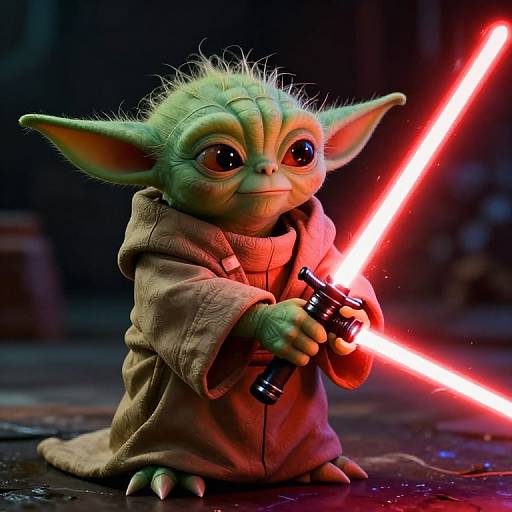 Photorealistic CGI of a green, large-eyed, furry-headed, small alien Jedi in a tan robe holding a glowing red lightsaber, standing on