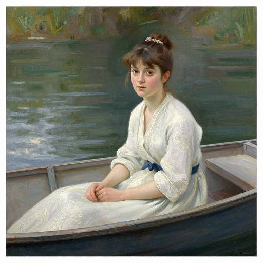 Oil painting of a young woman with fair skin and dark hair in a bun, wearing a white dress with a blue sash, seated in a wooden