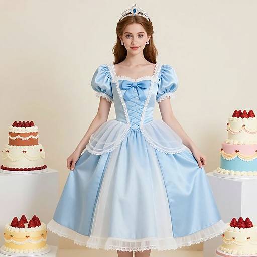 Photograph of a young woman in a light blue princess dress with white lace, tiara, standing between three colorful cakes.
