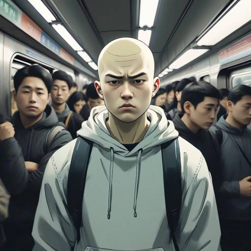 Serious young man in subway train