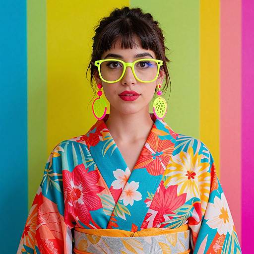 Photograph of a woman with black hair, wearing neon yellow glasses, bright floral kimono, and yellow-green circular earrings, against colorful striped background.
