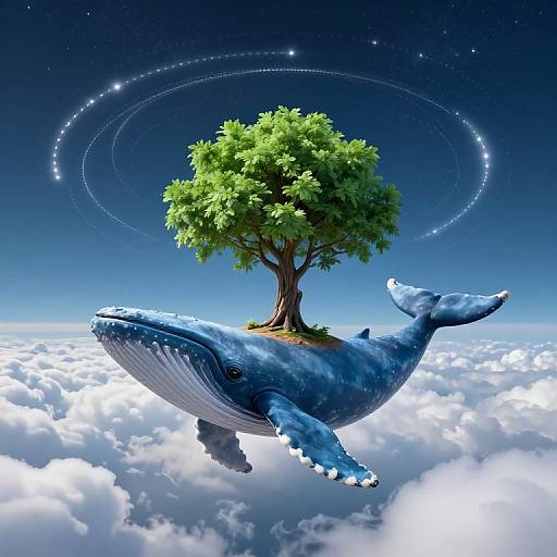 Digital artwork of a blue whale with a tree island on its back, floating among clouds, under a starry night sky.