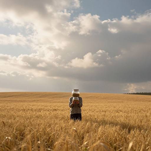 Photograph of a child in a white hat and gray jacket standing in a golden wheat field, facing a bright, partly cloudy sky.