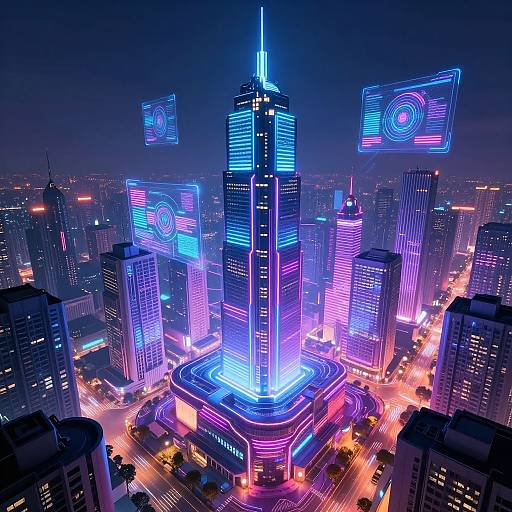Neon-lit futuristic cityscape photograph featuring a central glowing skyscraper surrounded by brightly illuminated buildings and floating holographic screens at night.