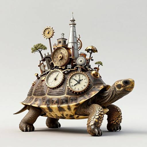 Imaginative digital artwork: A detailed, steampunk-style tortoise adorned with clocks, a sun, a tree, and a tower,