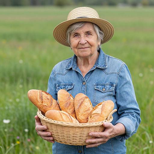 Photograph of an elderly white woman with gray hair, wearing a straw hat and denim shirt, holding a basket of freshly baked baguettes in a