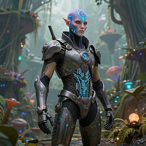 Digital art of a blue-skinned, elf-like female warrior with glowing cybernetic armor, standing in a vibrant, futuristic forest with glowing mushrooms and