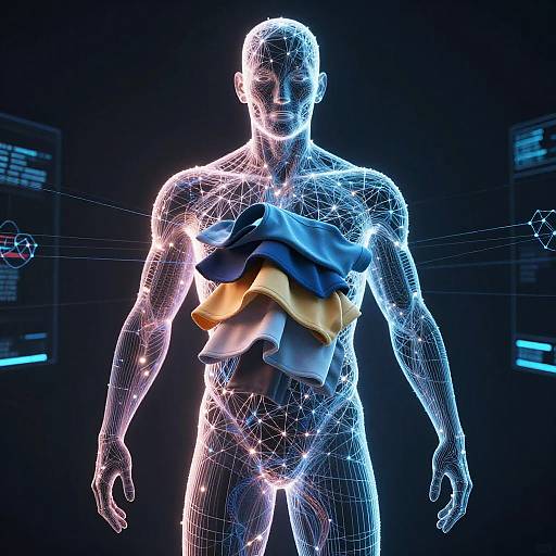 CGI image of a glowing, wireframe human figure with a blue and yellow fabric draped over the chest, set against a dark, futuristic background.