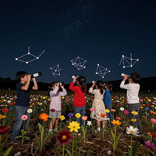 Photograph of five children, three girls and two boys, night sky, constellations, field of colorful flowers, all taking photos.