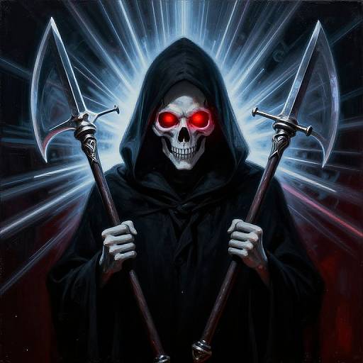Digital artwork of a skeletal figure with glowing red eyes, wearing a black hooded cloak, holding two scythe-like weapons, against a radiant blue and