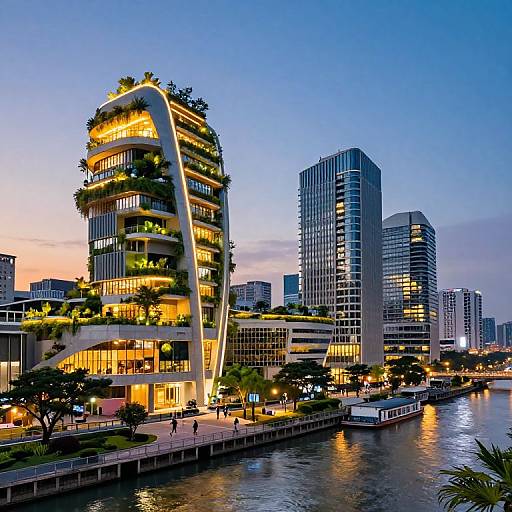 Photograph of a modern, curved, illuminated skyscraper with greenery on balconies, reflecting on a river at dusk, surrounded by other high-rise
