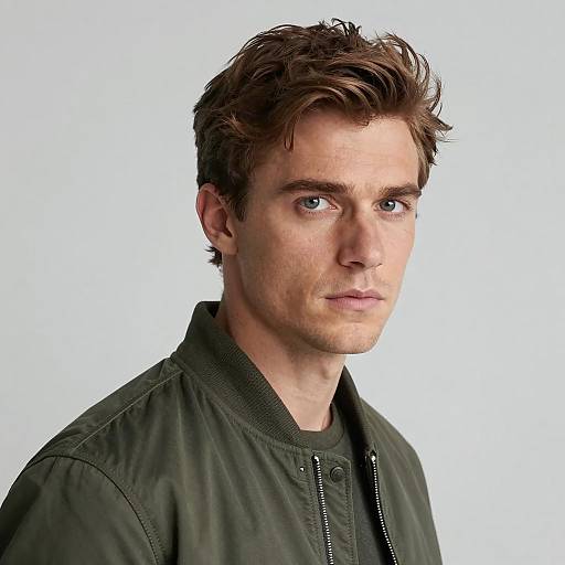 Young man with intense gaze in green jacket