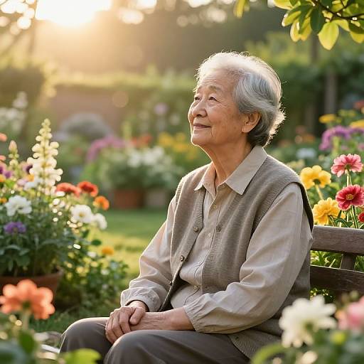 Photograph of an elderly Asian woman with gray hair, wearing a beige shirt and gray vest, sitting on a bench in a sunlit garden, surrounded