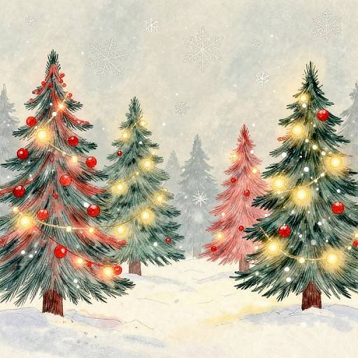 Digital illustration of snowy forest with five Christmas trees, adorned with red baubles and glowing lights, surrounded by falling snowflakes.