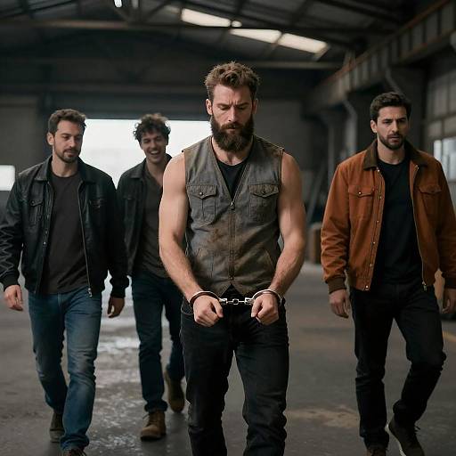 Cinematic Warehouse Men with Handcuffs