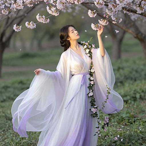 Photograph of an East Asian woman in a flowing white kimono, standing under blooming cherry blossoms, gently touching a flower, surrounded by green