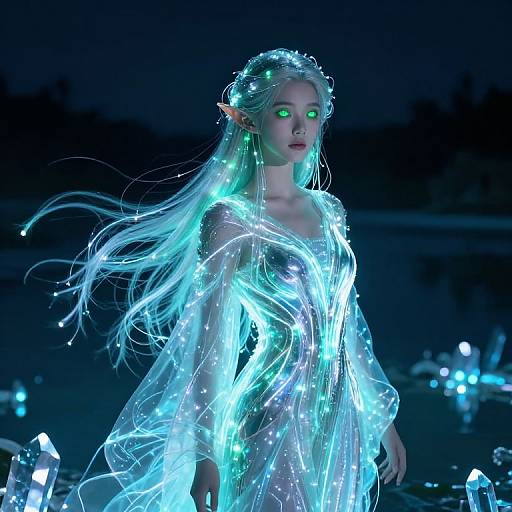 Digital artwork of a glowing, ethereal female elf with long, luminous blue-green hair and green eyes, standing in a dark, mystical night scene