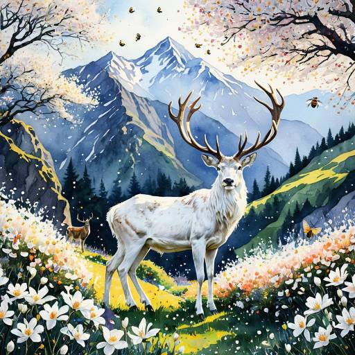 Majestic White Stag in Blossom Garden