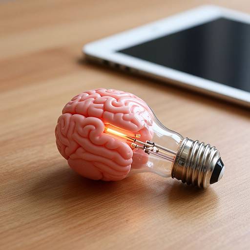 Photograph of a pink, brain-shaped light bulb with glowing filament on wooden table, beside a black smartphone in background.