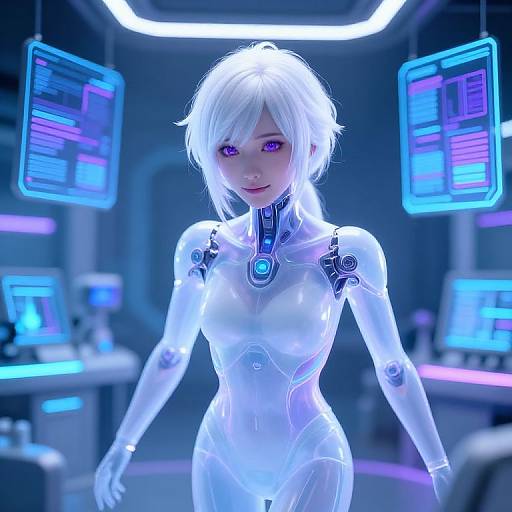 Digital CGI image of a white-haired, purple-eyed, glowing cybernetic woman with a futuristic, illuminated bodysuit in a neon-lit control
