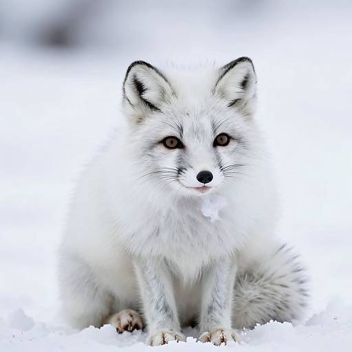 Photograph of a white Arctic fox with black-tipped ears and piercing amber eyes, sitting in a snowy landscape.