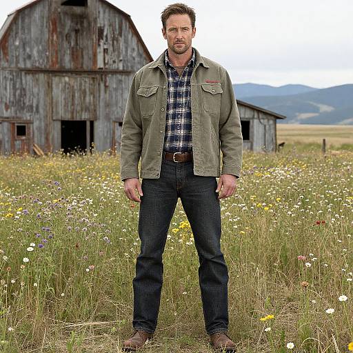 Photograph of a rugged, bearded man in a green jacket and plaid shirt standing in a wildflower field in front of a weathered barn