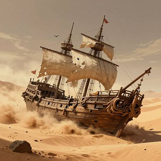 Photorealistic digital artwork of a wooden pirate ship with billowing sails, stranded in a golden desert sandstorm under a cloudy sky.