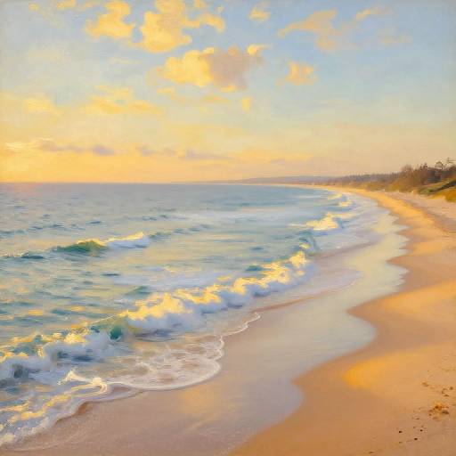 Photograph of a serene beach at sunset, with golden sunlight reflecting on gentle ocean waves and a sandy shoreline curving into the distance.