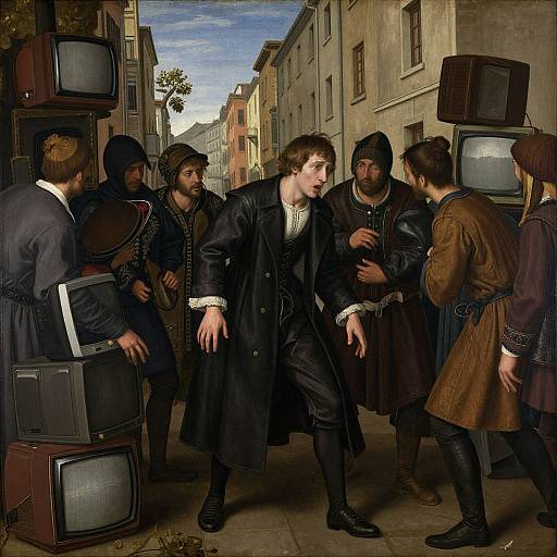 Digital artwork of a 16th-century man in black coat, surrounded by men in Renaissance attire, holding vintage TVs in a narrow street.