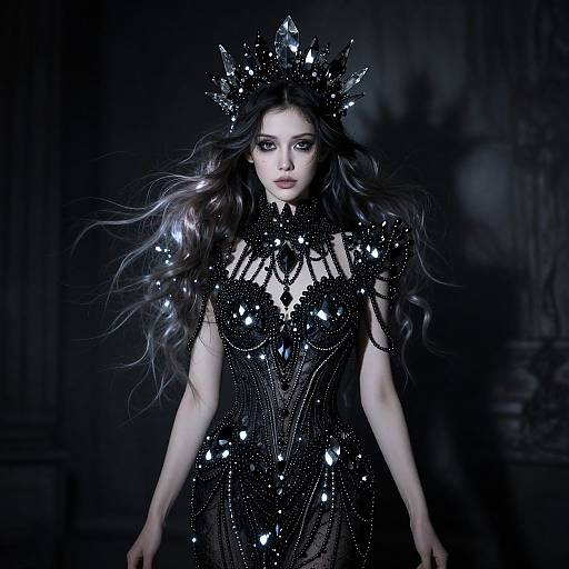 Photograph of a pale-skinned, long-haired woman in a dark, glittering, crown-adorned dress, standing against a dark, blurred