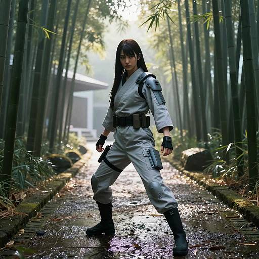 Photograph of a fierce Asian woman with long black hair, wearing a gray tactical outfit, black boots, and gloves, walking on a wet bamboo forest