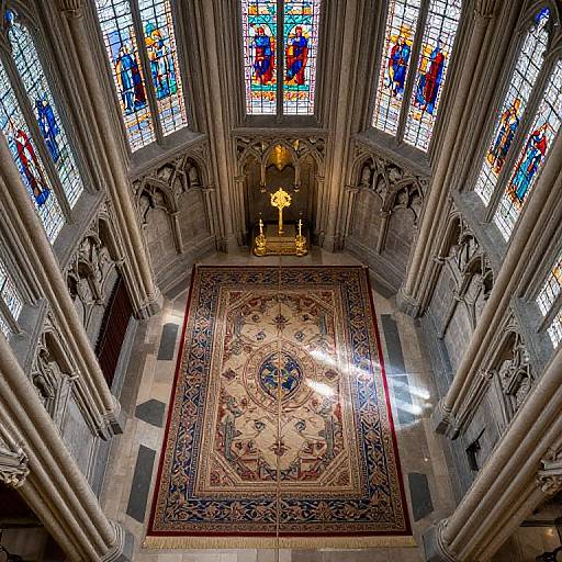 Photograph of a Gothic cathedral interior, showcasing colorful stained glass windows, ornate stone pillars, and a detailed, patterned rug on a marble floor