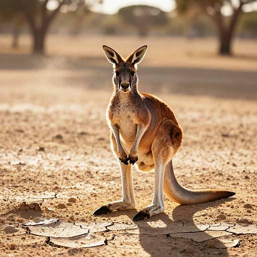 Photograph of a kangaroo standing on sandy, sunlit ground in a dry, tree-filled savanna, casting a shadow, with a blurred background